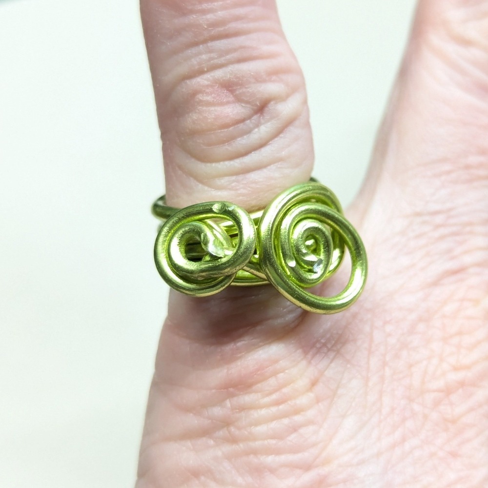 Handmade Boutique Wire Wrapped Ring Size 6.5 Lime Green Double Spiral Boho Pinky